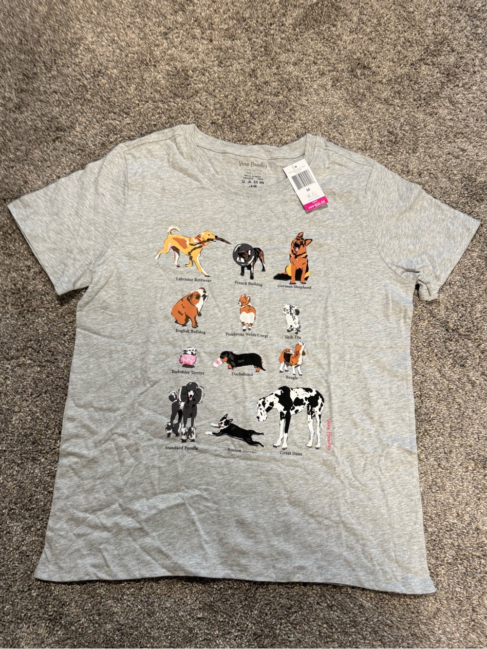 Vera Bradley Light Gray Cotton Tee with Dogs